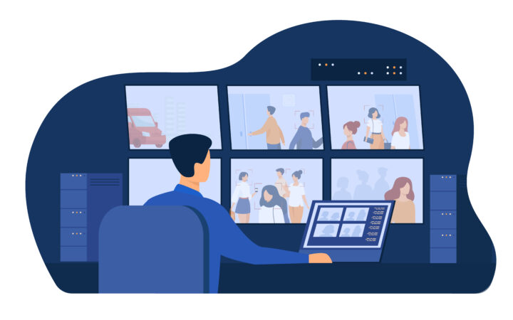 Guard service man sitting at control panel, watching surveillance camera videos on monitors in CCTV control room. Vector illustration for security system worker, spying, supervision concept